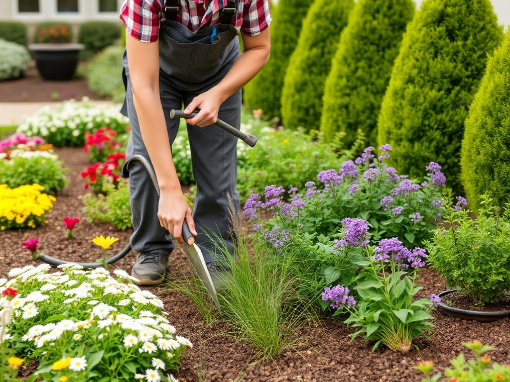 Gardener pruning and weeding tidy perennial garden beds